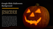 Halloween themed slide with a glowing jack o lantern, and spooky text aligned on the left, set on a dark background, 