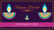Diwali slide with decorative lamps featuring intricate patterns, colorful message, and a pink quote, on a purple background.