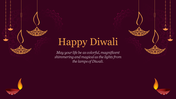 Diwali greeting card with hanging lamps and a warm message, set against a rich purple background.