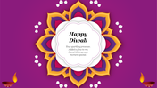 Diwali greeting card with a vibrant mandala design on a purple background, surrounded by small white petals and diyas.
