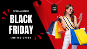 black friday slides, black-red theme, shopper with bags, discount tag, shapes, icons, and clean structured text boxes layout.