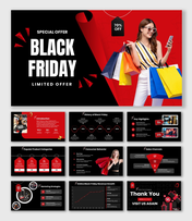 black friday slides, black-red theme, shopper with bags, discount tag, shapes, icons, and clean structured text boxes layout.