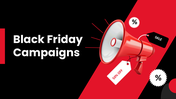 Black friday campaigns presentation slides with sale icons, pricing offers, and campaign planning visuals.