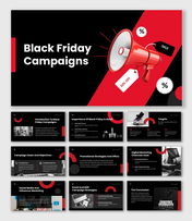 Black friday campaigns presentation slides with sale icons, pricing offers, and campaign planning visuals.
