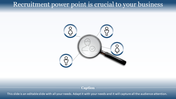 Recruitment slide with a magnifying glass focusing on a user icon, surrounded by four circles on a light blue background.