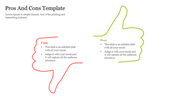 Pros and cons template featuring thumb up and thumb down outlines for listing advantages and disadvantages side by side.