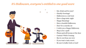 Halloween slide featuring a father handing out candy to two children in costumes, with a list of text on the right.