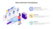 Recruitment concept with a magnifying glass, candidate profiles on screens, and steps labeled for talent sourcing, screening, and selection.