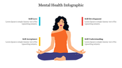 Woman meditating with four text boxes on mental health themes like Self-Love and Self-Understanding.