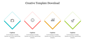 Creative template with four tilted square icons in teal, coral, gold, and green, featuring minimal line icons and captions.