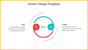 Creative slide with a circle in red and blue sections, connected by arrows in a dynamic, circular motion.