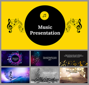 Slide deck preview for a music presentation, showcasing a yellow cover and slides with quotes and colorful musical graphics.