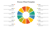 Circular process wheel with twelve color coded sections ranging from yellow to green, with captions on both sides.