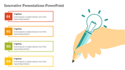 Innovative slide with four caption boxes red, orange, green, yellow and an icon of a hand holding a light bulb and pencil.