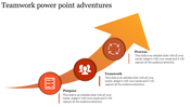 Teamwork diagram featuring an upward arrow with three steps each with placeholder text area and icons.