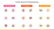 Slide displaying vector icons in three columns layout, each within circular shapes in pink, orange, and yellow tones.