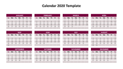 2020 calendar template with months displayed in purple header blocks and organized grids for each month.