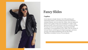 Stylish slide showing a woman posing in a black leather jacket and striped pants, with placeholder text and a orange accent.