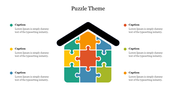 Puzzle theme slide design featuring a house made of colorful puzzle pieces with captions under each section.