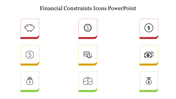 Financial constraints icon set in PowerPoint featuring symbols of piggy banks, coins, and money bags with colored borders.