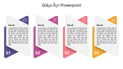 Giajo Ajn PowerPoint template with four colorful sections, each containing icons and text placeholders for various topics.