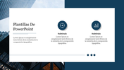 Modern Plantilla De PowerPoint with urban skyscrapers, three circular icons representing key concepts, and caption areas.