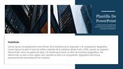 Corporate Plantilla De PowerPoint featuring skyscraper images a dark blue sidebar with text, and a white text box below.