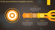 Three step goals infographic with arrows and icons for analysis, achievement, and progress, ending at a orange target.