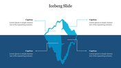PowerPoint iceberg slide with text captions representing surface and hidden aspects, symbolizing layered concepts.