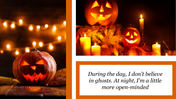 Festive Halloween slide featuring glowing jack o lanterns, candles, and autumn leaves with a spooky quote.
