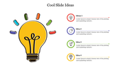 Creative light bulb design on the left and four numbered ideas with colored icons and placeholder text areas.