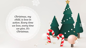 Minimalist Christmas slide with dark green trees, floating white snowflakes, and candy decorations, paired with a quote.
