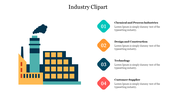 Industry clipart showing a smoking factory on the left and four colored diamond markers with text on the right.