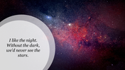 Starry night sky with colors, featuring a circular overlay with a white background in the center and a quote inside it.