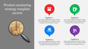 Product marketing slide with a magnifying glass over boxes and four colorful caption bubbles on the right.