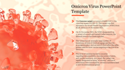Omicron virus slide featuring a red 3D virus illustration and key facts in bullet points about the variant on the right.