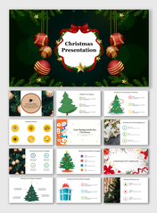 Christmas slide deck featuring decorative elements such as ornaments, trees, and ribbon, complemented by holiday backgrounds.