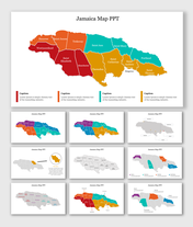 Jamaica map slide deck showing colored regions with labels for parishes, including Kingston, Saint Andrew, and Saint Ann.