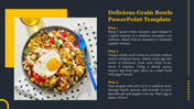 Slide featuring a healthy grain bowl with cauliflower, tomatoes, cucumbers, quinoa, and a poached egg with recipe steps.