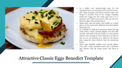 Close up of eggs benedict on a toasted muffin topped with hollandaise sauce, garnished with green herbs on a white plate.