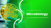 Microbiology PPT presentation with petri dish bacteria, green theme, intro title, and microorganism study layout.