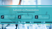 Laboratory presentation slide featuring a microscope, test tube, and flask icons, with a clean, blue tinted background.
