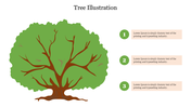 A tree illustration slide with a wide trunk and scattered branches placed next to numbered caption placeholders.