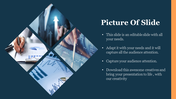 Slide with four images of business charts and graphs in a diamond shape, with a description, set against a blue background.