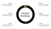 A circular roadmap diagram slide featuring a yellow car, with sections for captions around the perimeter circle.