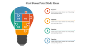 Cool PowerPoint slide ideas featuring a lightbulb graphic with colorful puzzle piece sections with text captions.