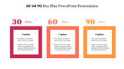 30 60 90 day plan slide with red, coral, and orange boxes for each time frame, including captions and bullet points inside.