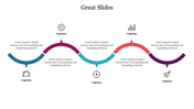 Wavy horizontal infographic with five curved arrow segments in different colors, each containing text and paired with icons.