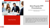Slide with popular business discussion photo with large header text, and modern red and gray blocks for text content.