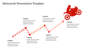 Dynamic motorcycle-themed slide featuring a red motorbike and zigzag path with caption areas.